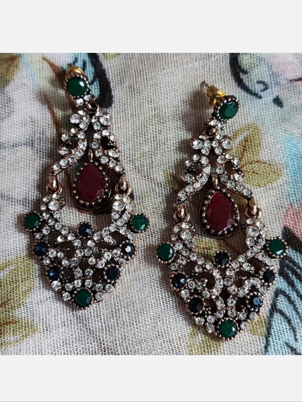 Turkish Pierced Gold Tone Pierced Earrings Emerald Sapphire Burgundy Clear Color